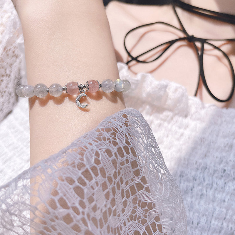 Strawberry Quartz Moonstone Luck Moon Charm Bracelet - Image 4