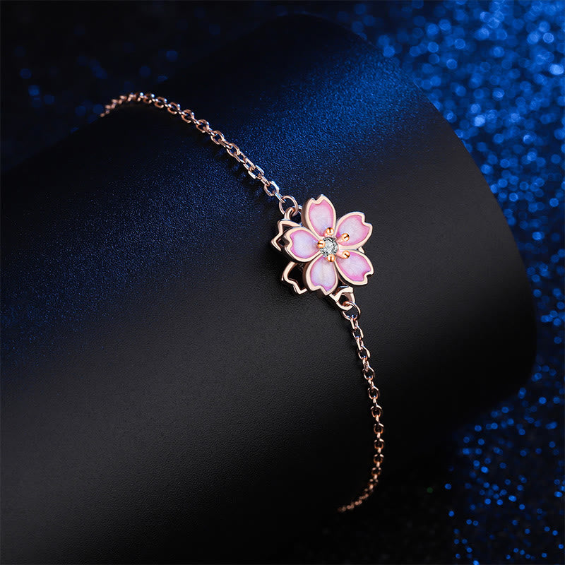 925 Sterling Silver Cherry Blossom Blessing Chain Bracelet Rotatable Ring - Image 5