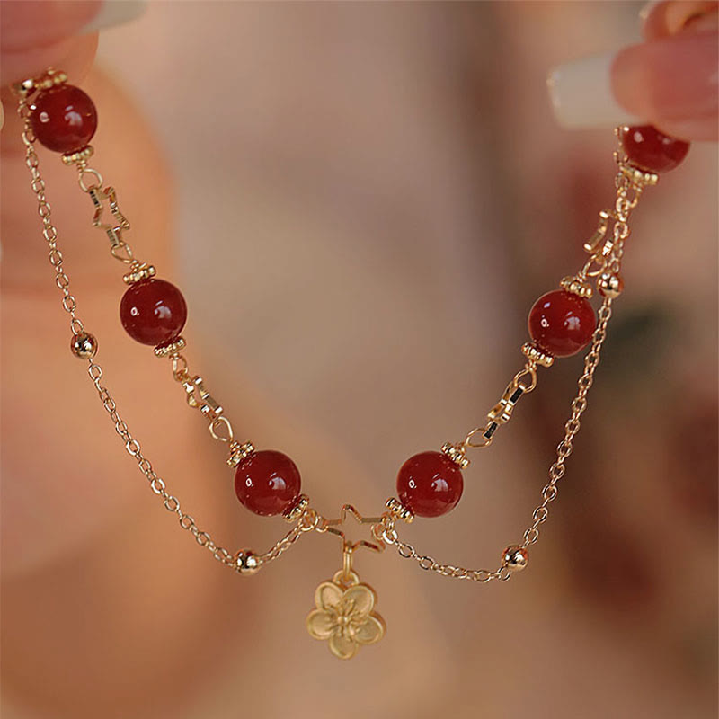 14k Gold Plated Red Agate Star Flower Charm Calm Bracelet - Image 3