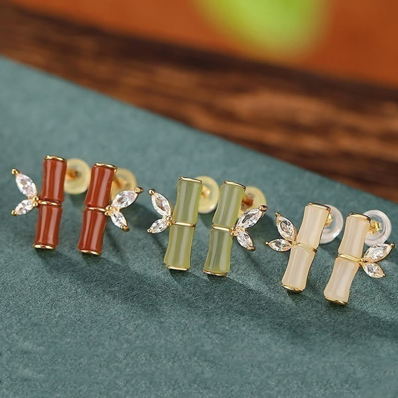 925 Sterling Silver Hetian Cyan Jade White Jade Red Agate Bamboo Pattern Luck Stud Earrings