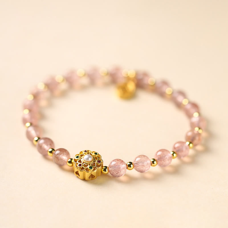 14K Gold Plated Natural Strawberry Quartz Labradorite Sun Stone Fu Character Positive Charm Bracelet