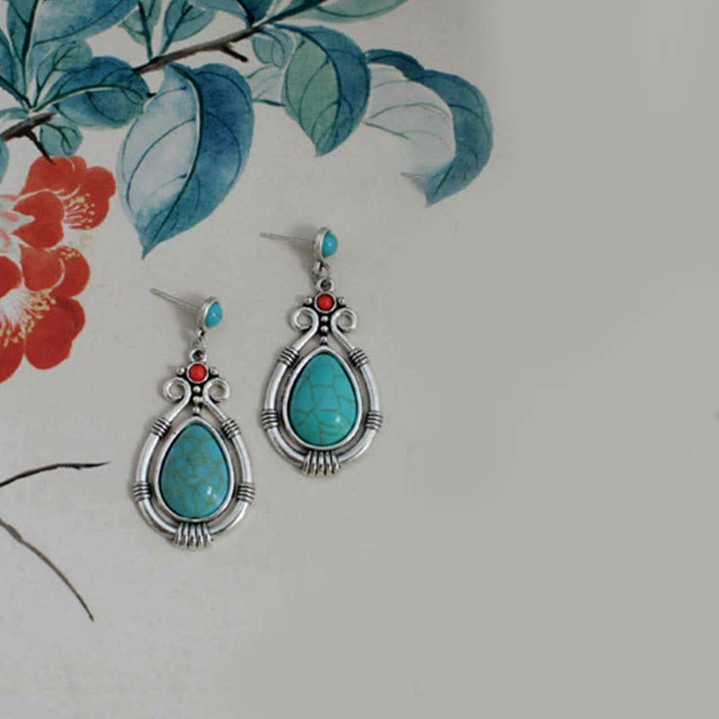 Tibet Vintage Turquoise Waterdrop Strength Drop Dangle Earrings Clips - Image 8