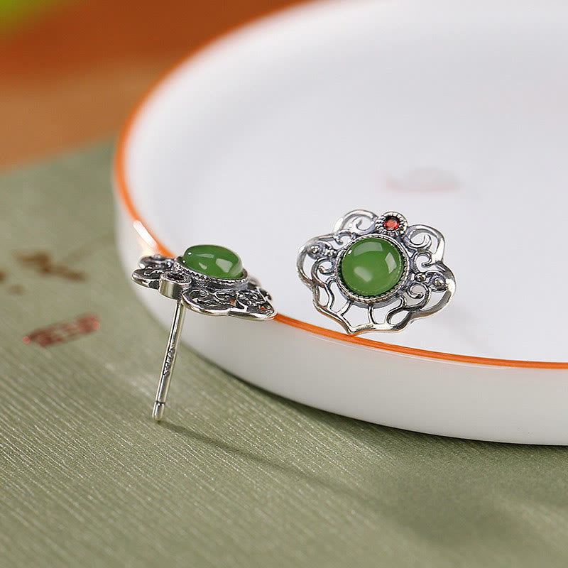 925 Sterling Silver Natural Hetian Cyan Jade Hollow Design Luck Ring Earrings Set - Image 9