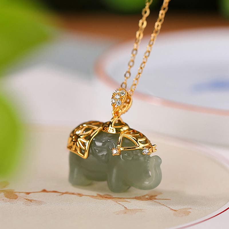 925 Sterling Silver Jade Elephant Blessing Fortune Necklace Chain Pendant - Image 4