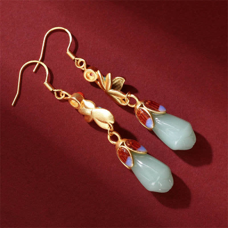 Magnolia Flower Jade Pattern Luck Prosperity Drop Dangle Earrings - Image 4