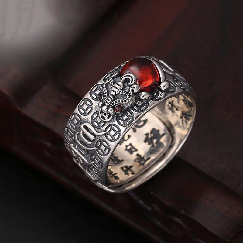 Genstone PiXiu Feng Shui Frog Vajra Dorje Heart Sutra Wealth Adjustable Ring - Image 3