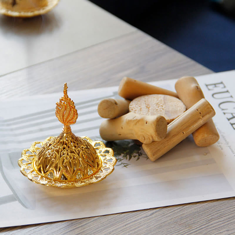 Gold Alloy Healing Mini Incense Burner With Wooden Coaster Home Decor - Image 6