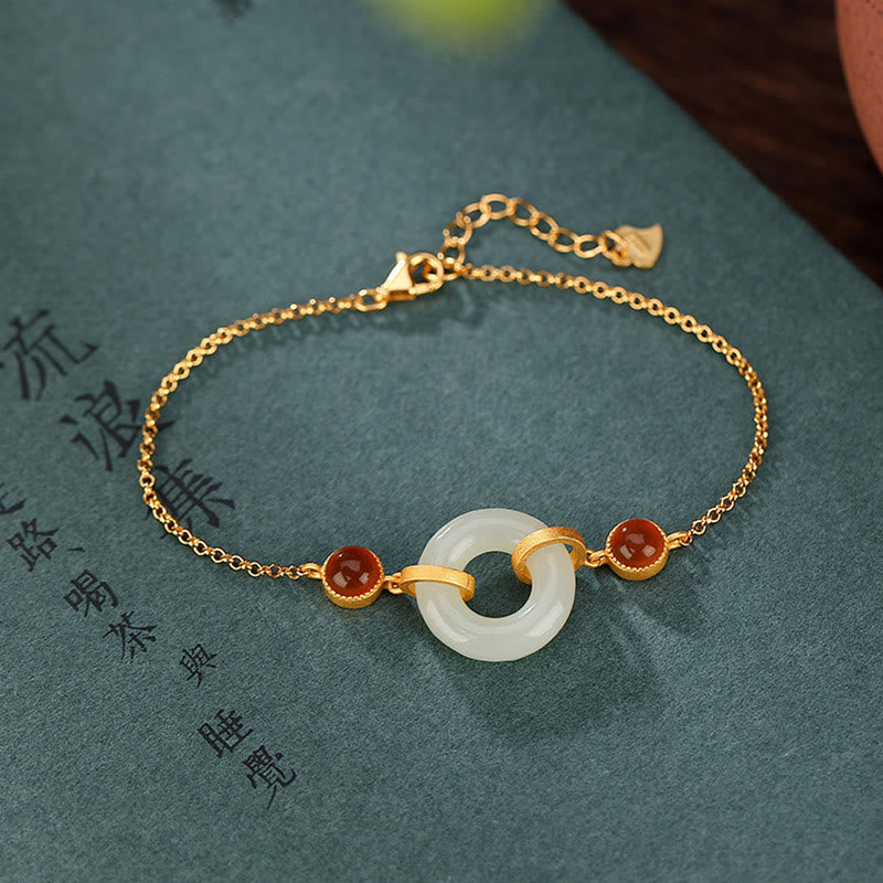 925 Sterling Silver Plated Gold Natural Hetian Jade Peace Buckle Red Agate Luck Bracelet