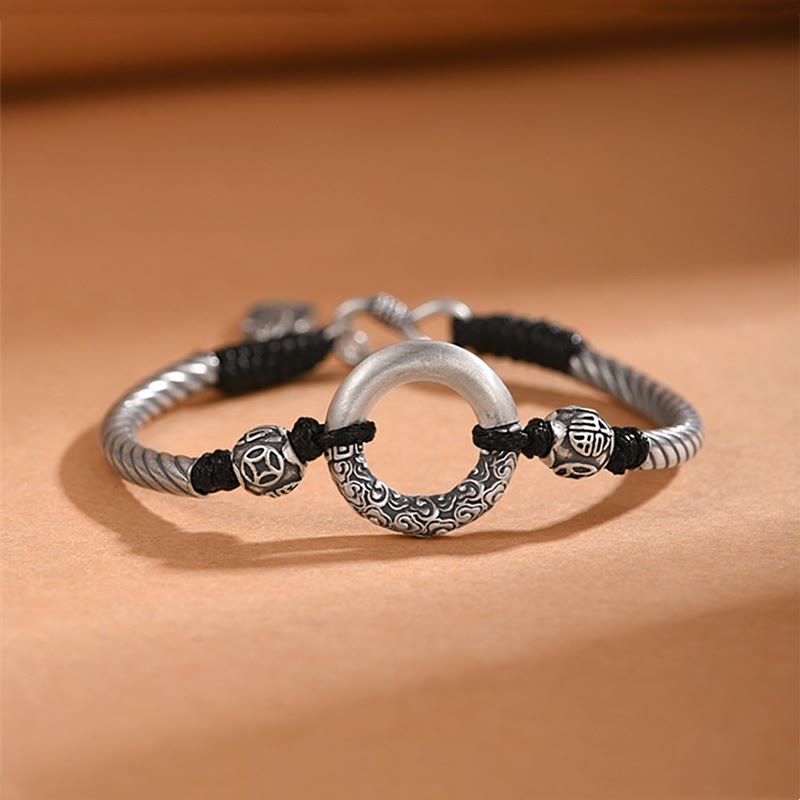 999 Sterling Silver Fu Character Peace Buckle Copper Coin Auspicious Clouds Fortune Bracelet