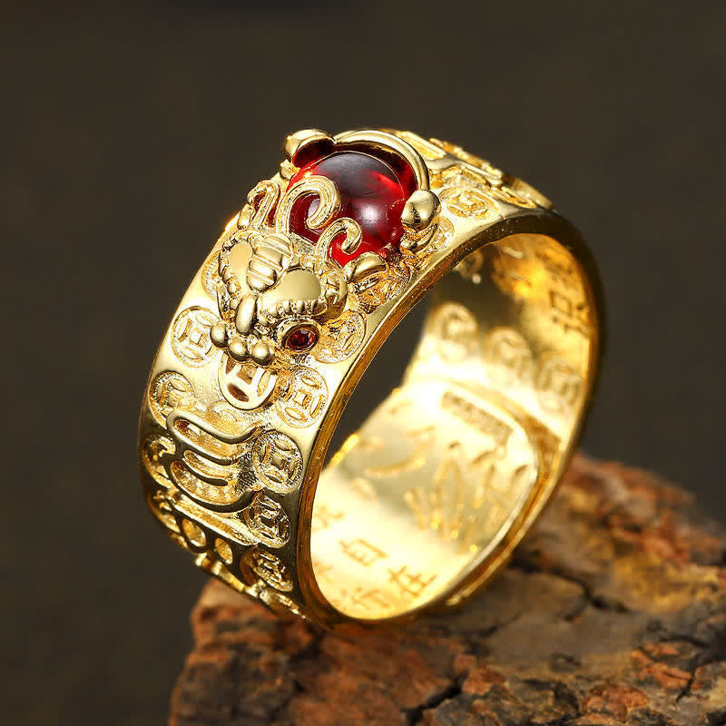 FengShui PiXiu Red Garnet Heart Sutra Wealth Ring