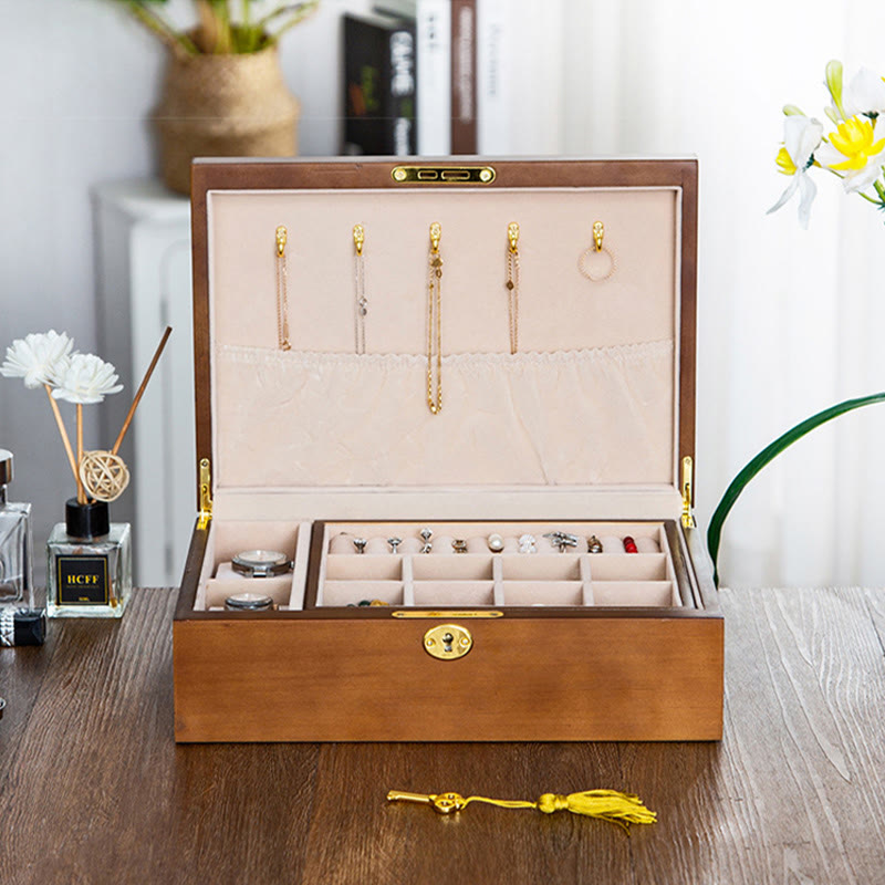 Vintage Wooden Jewelry Box Two-Layer Solid Wood Jewelry Storage Box - Image 3