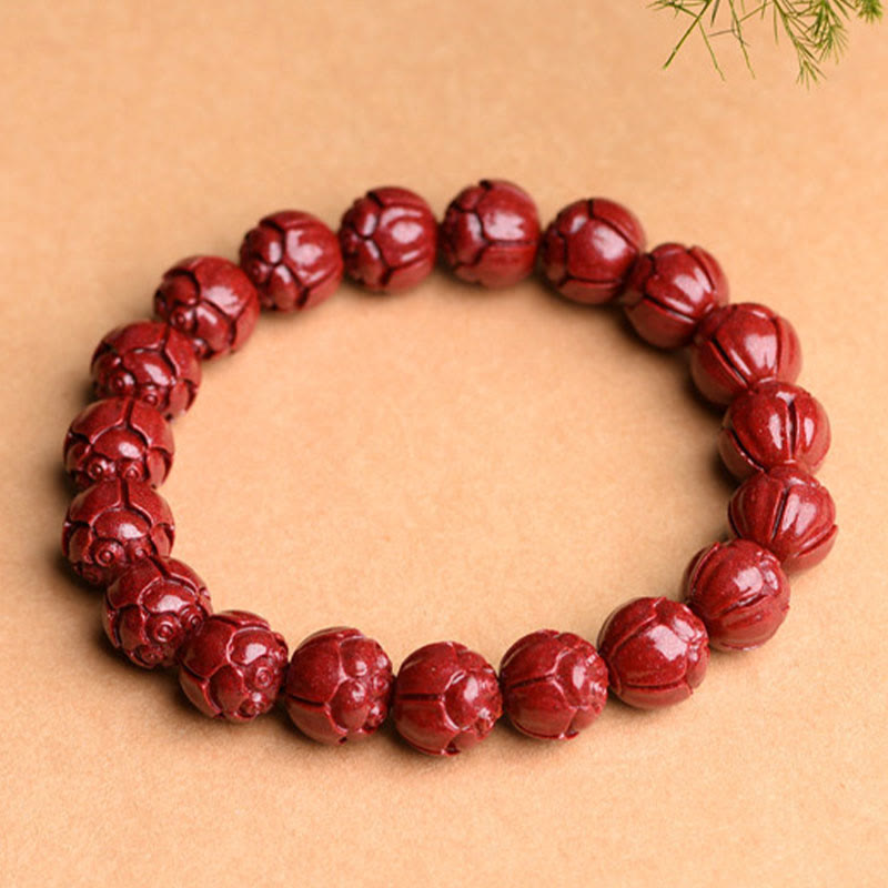 Natural Cinnabar Om Mani Padme Hum Fret Pattern Lotus Blessing Bracelet - Image 8