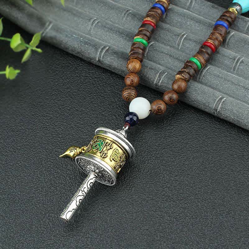 Tibetan Om Mani Padme Hum Prayer Wheel Rotation Vajra Wood Necklace Pendant