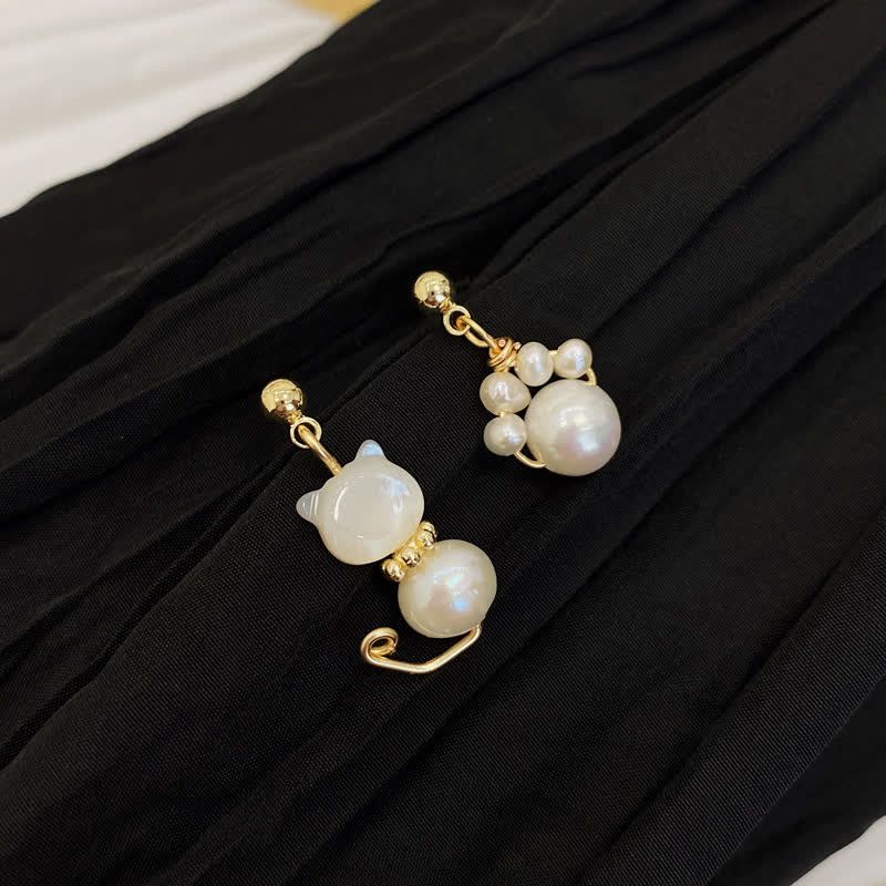 Cute Cat Paw Pearl Wisdom Stud Drop Earrings