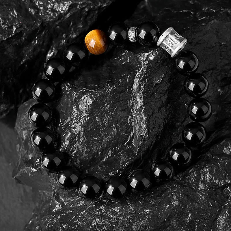 999 Sterling Silver Black Obsidian Tiger Eye Om Mani Padme Hum Fulfillment Bracelet - Image 3