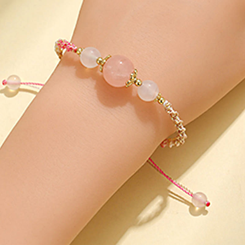 Strawberry Quartz Pink Crystal Prehnite White Agate Bead Healing Rope Bracelet - Image 10