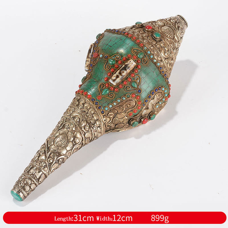 Tibetan Handmade Shankha Om Mani Padme Hum Buddha Avalokitesvara Turquoise Conch Shell Positive Decoration - Image 21