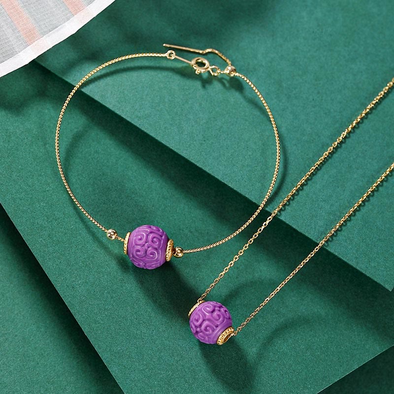 925 Sterling Silver Plated Gold Natural Purple Mica Stone Relief Bead Positive Necklace Pendant Bracelet Set