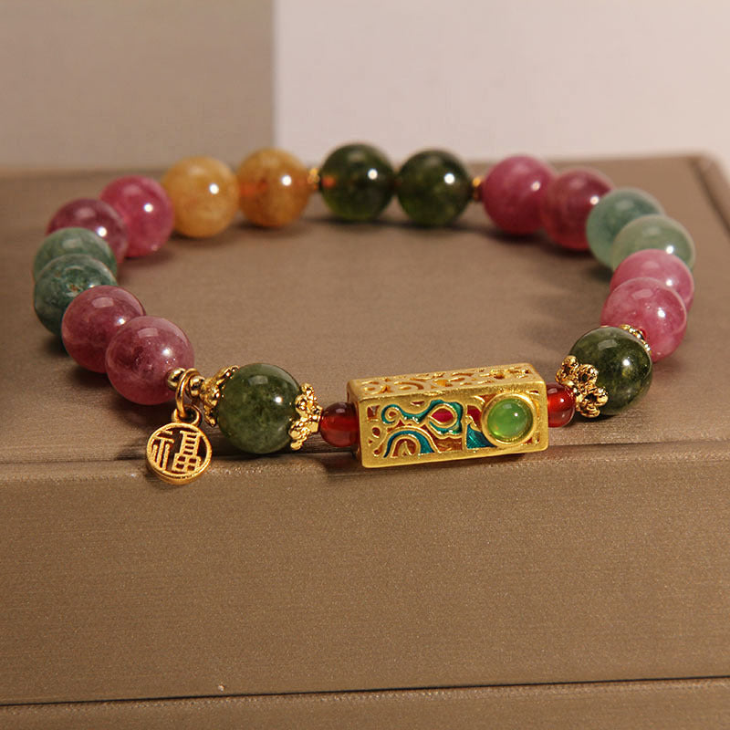 Colorful Tourmaline Positive Fu Character Charm Bracelet