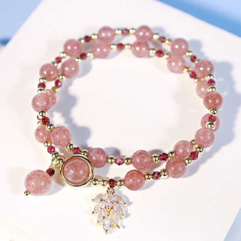 Natural Strawberry Quartz Love Healing Maple Leaf Charm Double Wrap Bracelet - Image 6