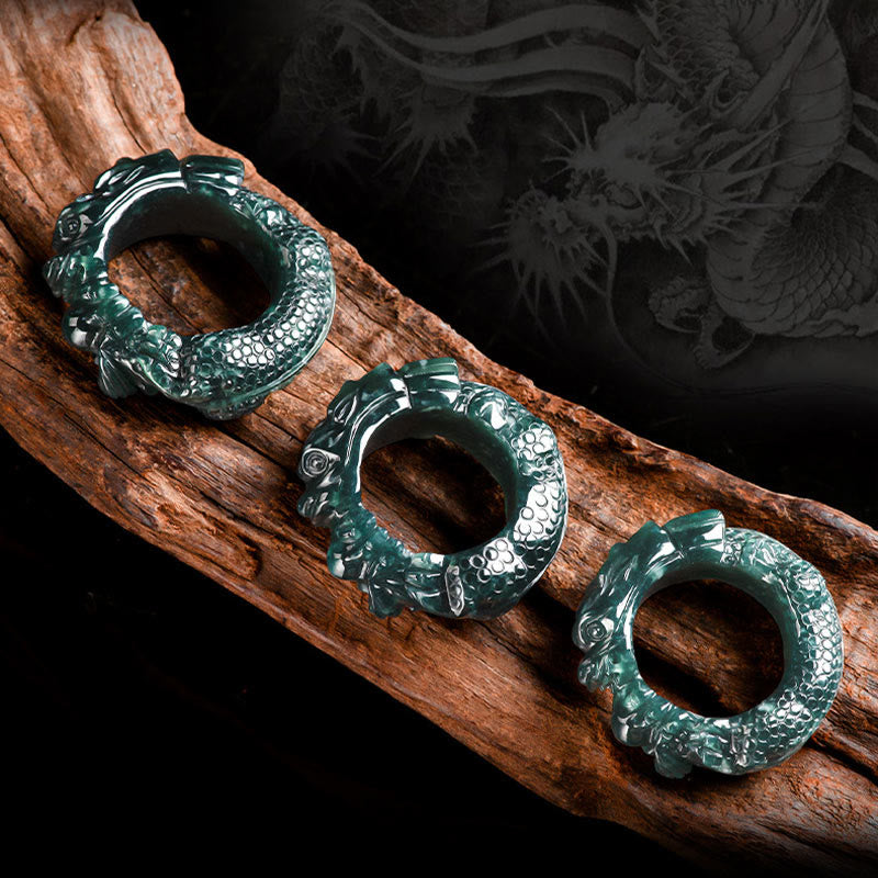 Natural Cyan Jade Dragon Carved Success Ring - Image 7