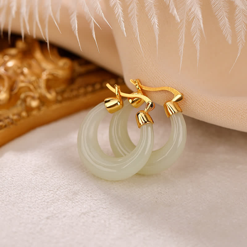 Round Jade Cyan Jade Prosperity Luck Drop Earrings - Image 3