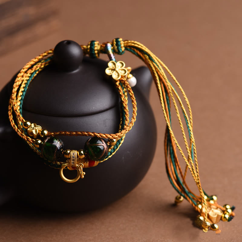 Tibetan Handmade Rope Liuli Glass Bead Braided Multilayered Healing Bracelet