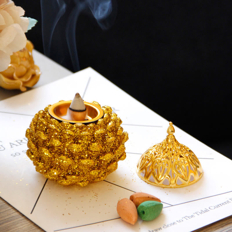 Gold Pine Cone Pattern Spiritual Rituals Mini Incense Burner Home Tabletop Decor - Image 15