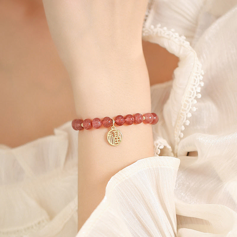 14K Gold Plated Strawberry Quartz Fu Character Healing Charm Bracelet - Image 9