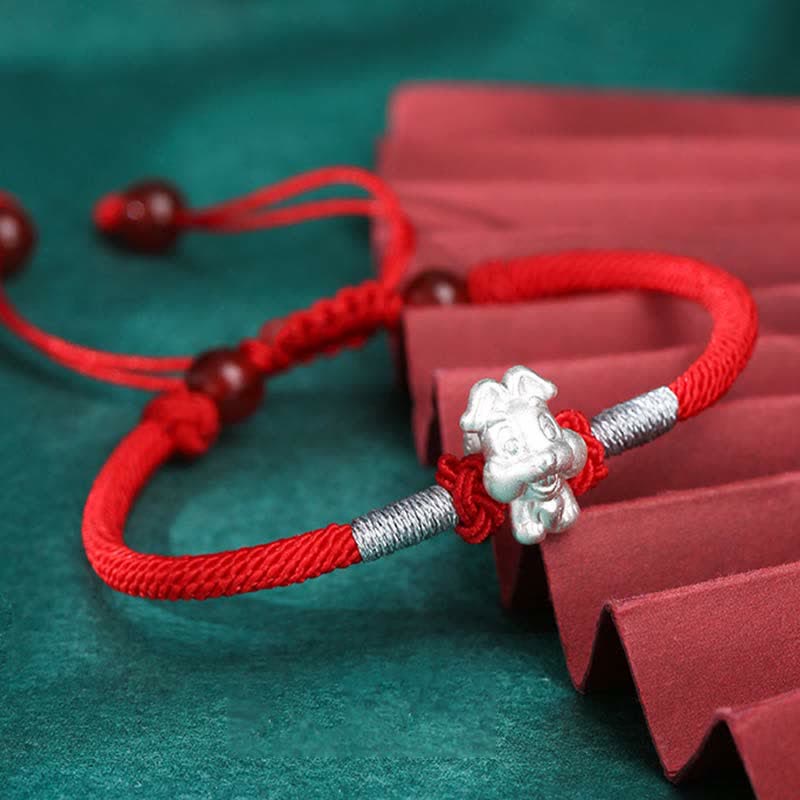 999 Sterling Silver Chinese Zodiac Luck Strength Red String Bracelet