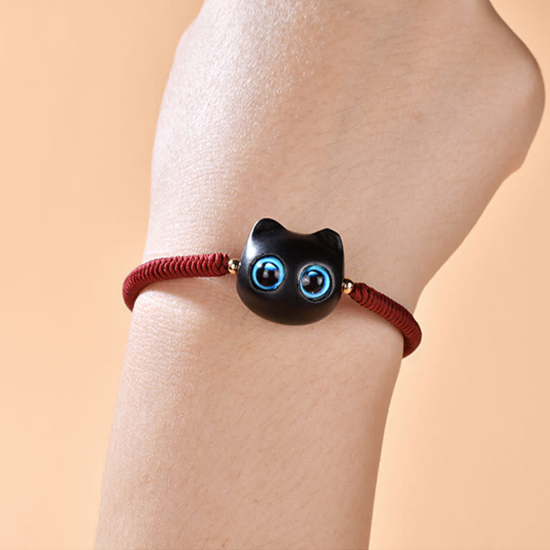 Ebony Wood Cat Head Pattern Peace King Kong Knot Braided Bracelet - Image 8