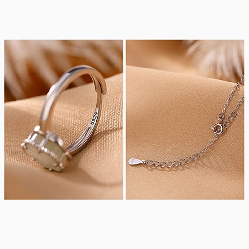 925 Sterling Silver Plated Gold Natural Hetian Jade Flower Luck Necklace Pendant Ring Set - Image 10