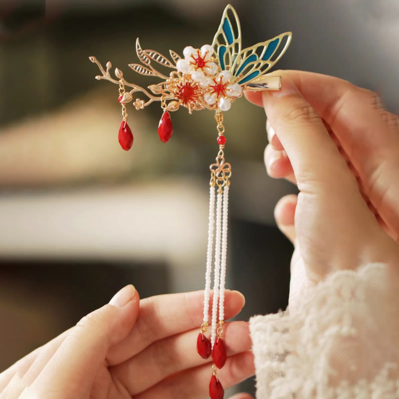 Classical Chinese Style Flower Branche Butterfly Pearl Tassel Hair Clip Hair Comb Hair Crown - Image 26
