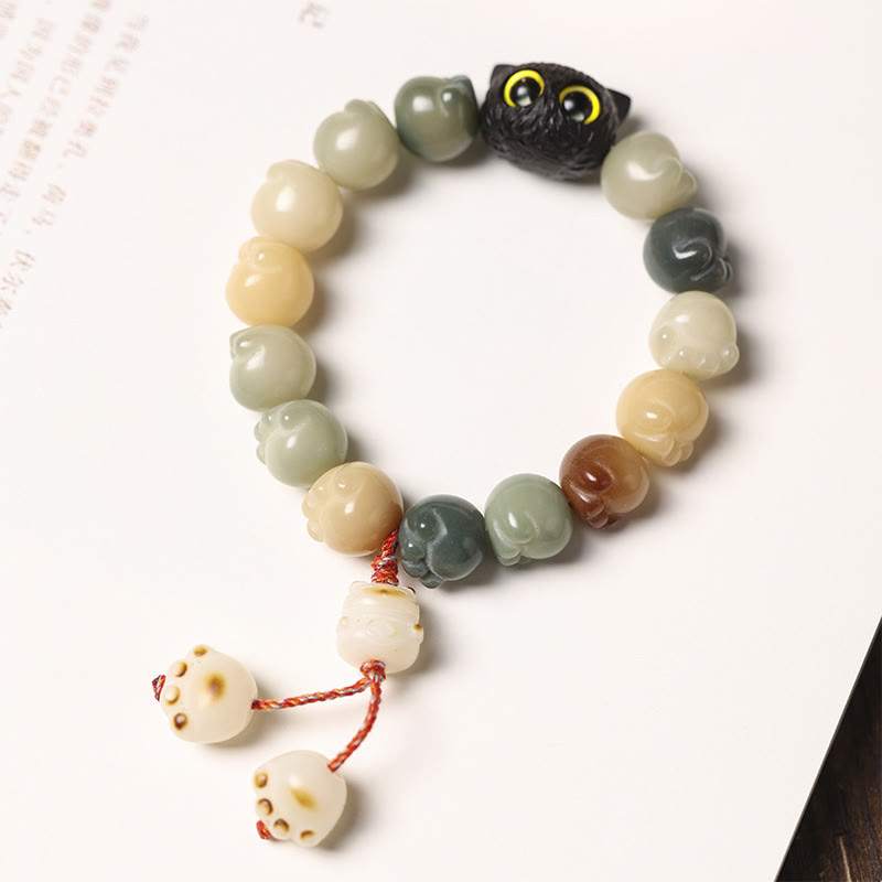 Natural Bodhi Seed Lovely Paw Ebony Wood Lucky Cat Wisdom Bracelet - Image 8