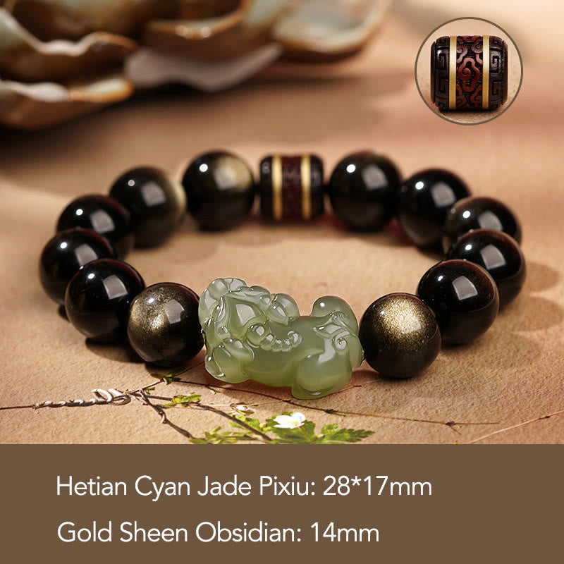 Natural Gold Sheen Obsidian Hetian Cyan Jade White Jade PiXiu Wealth Bracelet - Image 4