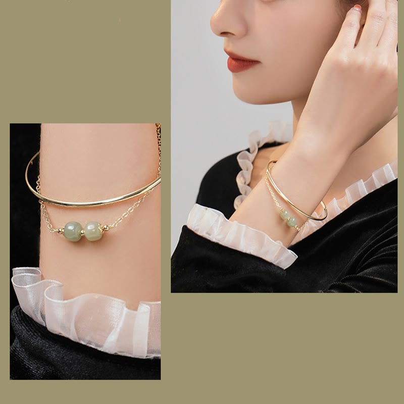 Copper Plated Gold Hetian Jade Bead Luck Double Layer Bracelet Bangle - Image 15