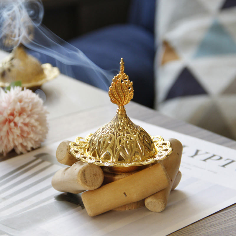 Gold Alloy Healing Mini Incense Burner With Wooden Coaster Home Decor - Image 8