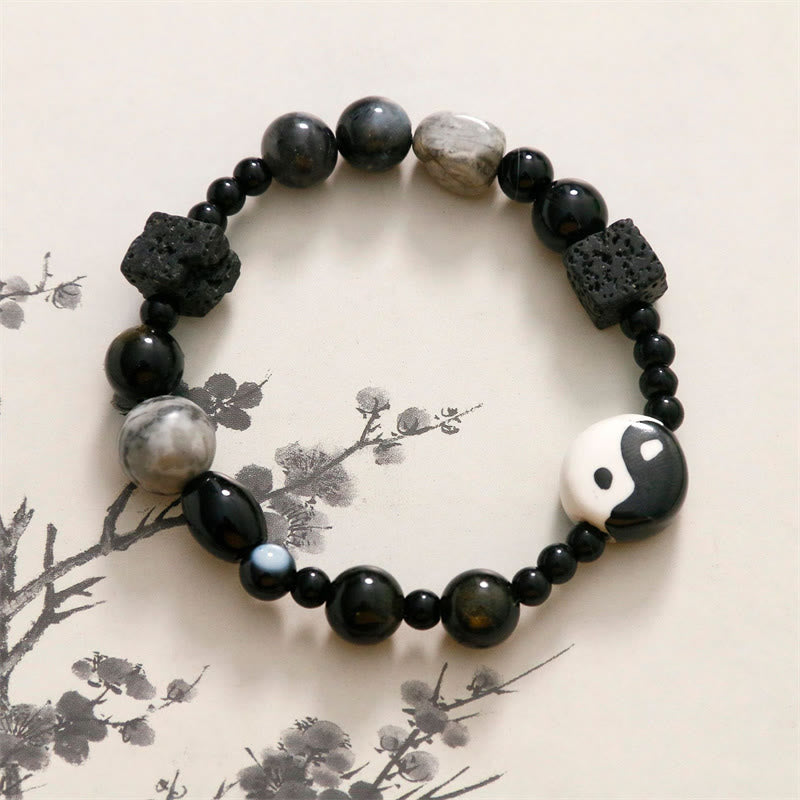 Black Onyx Picasso Jasper Bead Yin Yang Fortune Protection Bracelet