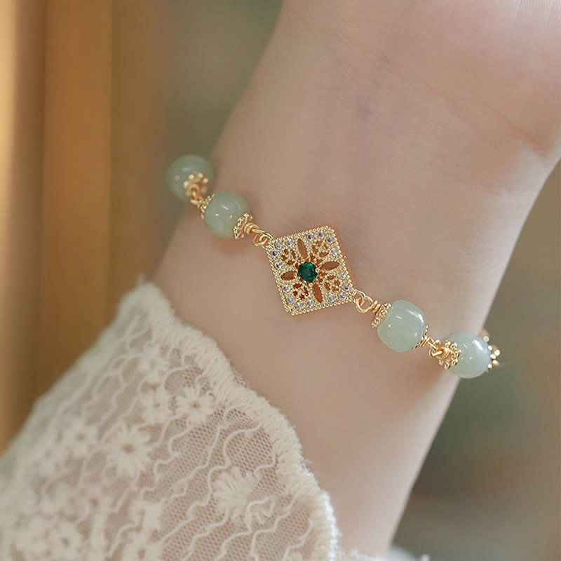 Natural Hetian Jade Bead Square Pattern Luck Chain Bracelet