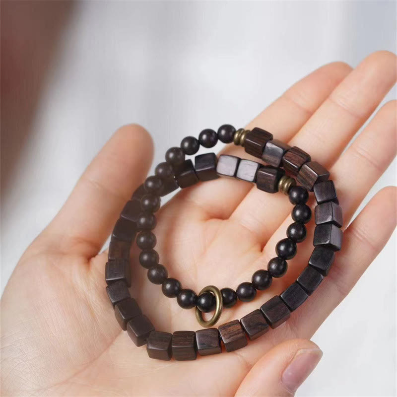 Tibet Ebony Wood Square Beads Peace Double Wrap Bracelet - Image 5