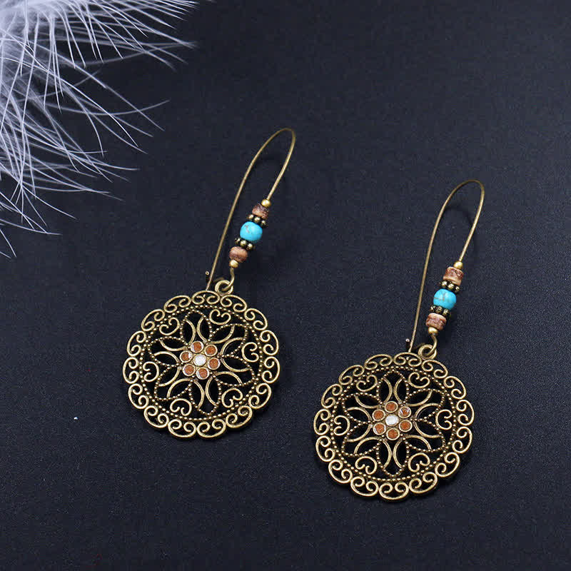Round Flower Design Luck Dangle Drop Earrings - Image 3