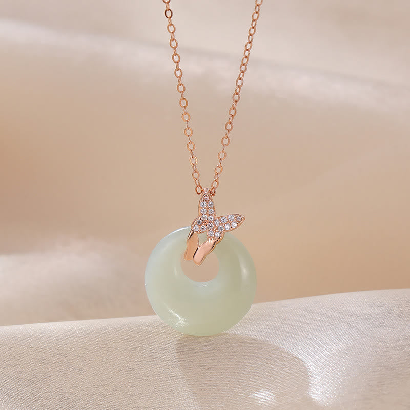 925 Sterling Silver Natural Hetian Jade Zircon Butterfly Luck Necklace Pendant