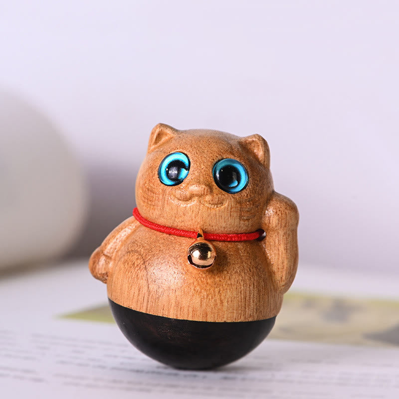Mini Lucky Cat Kitten Phoebe Zhennan Wood Blessing Decoration