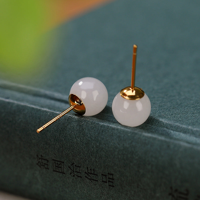 925 Sterling Silver Round White Jade Blessing Stud Earrings - Image 6