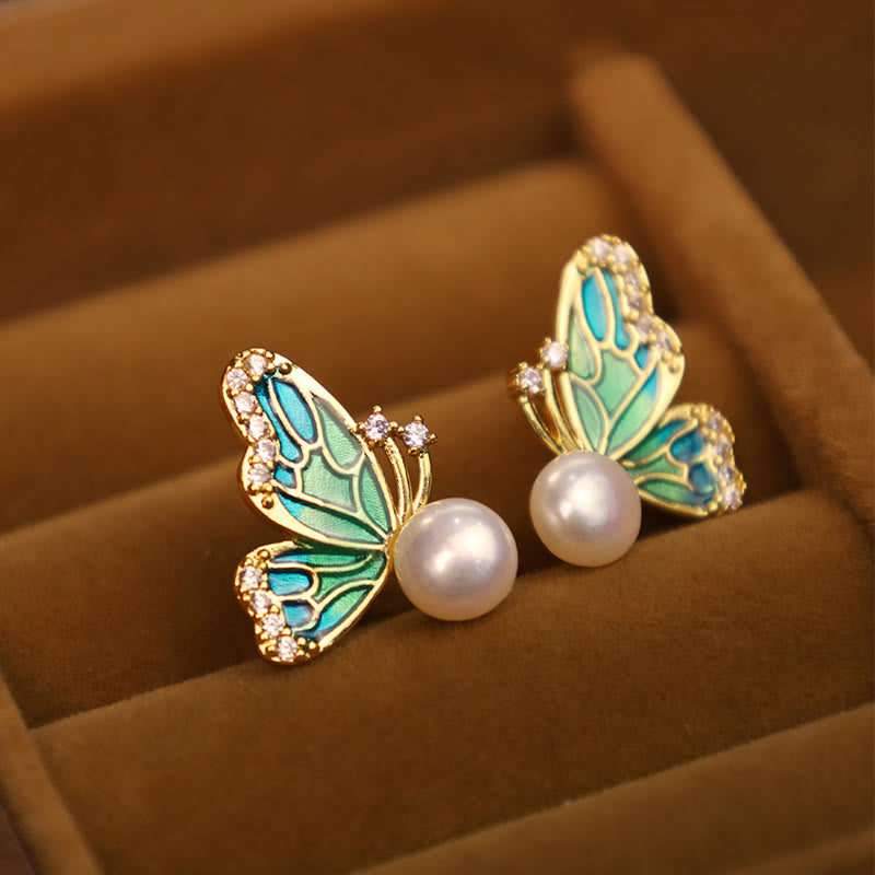 925 Sterling Silver Posts 18K Gold Plated Copper Natural Pearl Butterfly Healing Stud Earrings