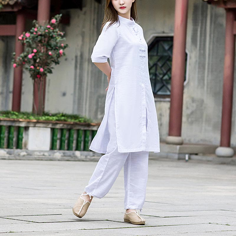2Pcs Half Sleeve Shirt Top Pants Meditation Zen Tai Chi Linen Clothing Women's Set - Image 6