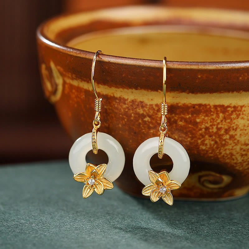925 Sterling Silver Hetian Jade Peace Buckle Orchid Prosperity Earrings