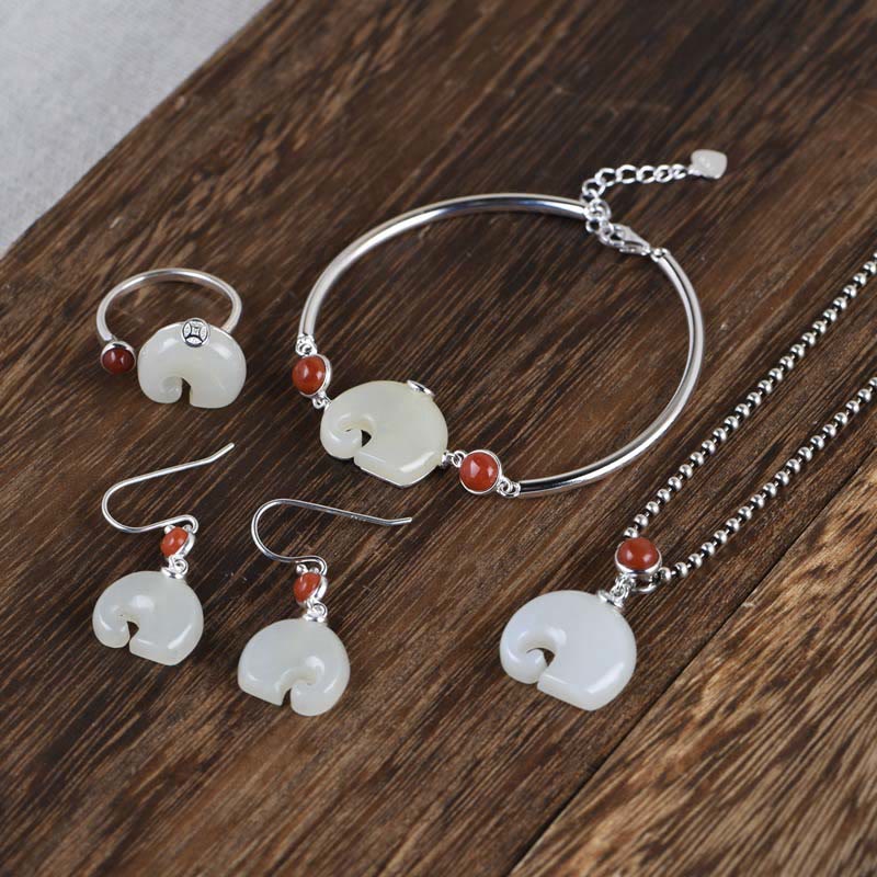 925 Sterling Silver Elephant Hetian Jade Abundance Necklace Pendant Bracelet Ring Earrings Set