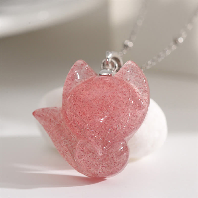 925 Sterling Silver Plated 14k Gold Strawberry Quartz Fox Healing Necklace Pendant - Image 6
