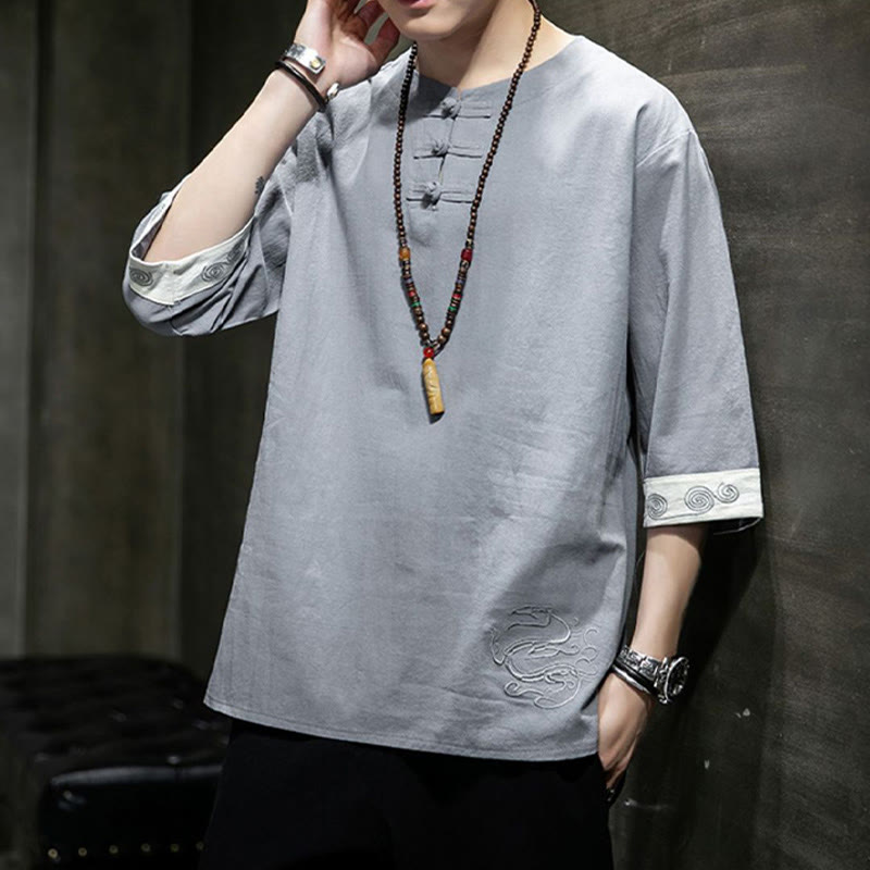 Frog-Button Dragon Embroidery Chinese Tang Suit Three Quarter Sleeve Shirt Cotton Linen Men Clothing - Image 20